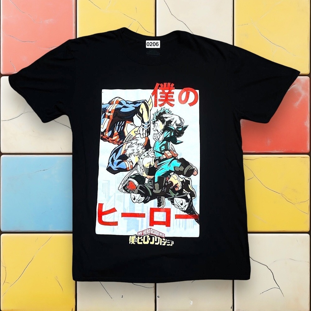 Y2K Anime My Hero Academia Tee Men M Black Graphic Uzuku Deku Harajuku Manga Art